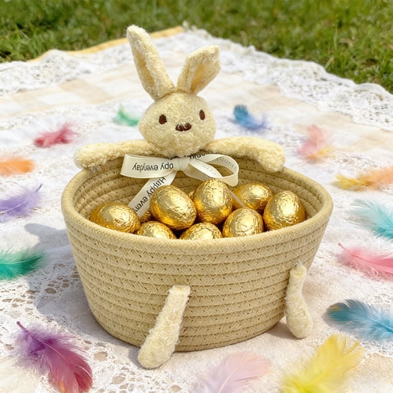 Easter Bunny Woven Basket Easter Outdoor Decorations Rattan Baskets Easter Eggs for Home Office Table Spring Decoration Mini Woven Basket Flower Basket Party Supplies Under $5