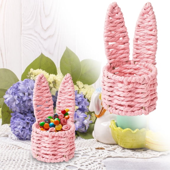 Easter Bunny Woven Basket for Party Favors, Easter Baskets For Kids, Handmade Straw Wicker Easter Candy Eggs Baskets for Kids, mini Cute Rabbit Picnic Hamper for Egg Hunt Party Gifts Toy Storage