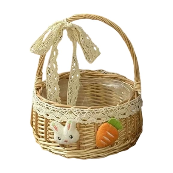 Easter Bunny Woven Handbasket - Large Size (20cm/7.87in) - Handmade Wicker Basket with Rabbit & Carrot Decor for Kids Egg , Candy & Party Storage (Size as Pictured)