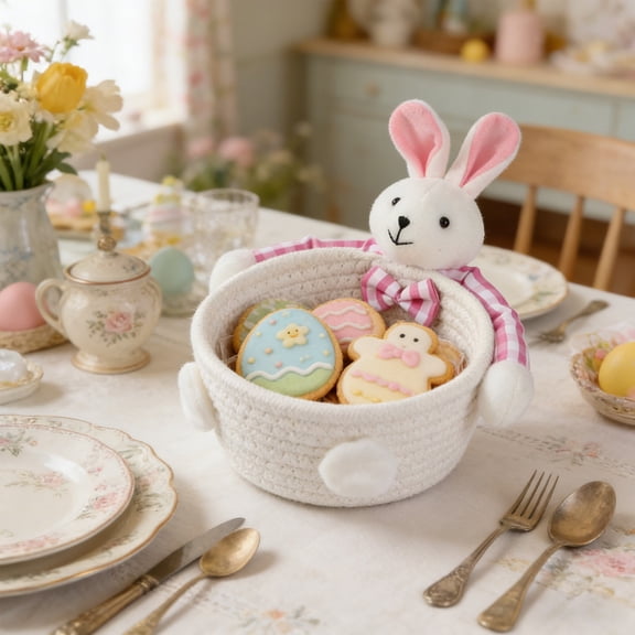 Easter Bunny Woven Storage Basket, Candy Cookies Chocolate Container, Cute Snack Organizer Bin, Decorative Bowl for Home Table Easter Party Decor