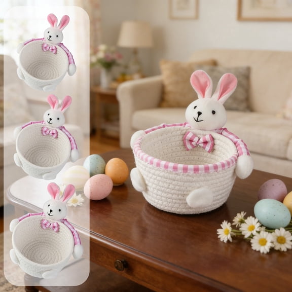 Easter Bunny Woven Storage Basket, Handwoven Durable Decorative Candy Cookie Chocolate Bowl, Festive Multi-Use Easter Egg Storage Container for Home Tabletop Easter Party Holiday Decor, B