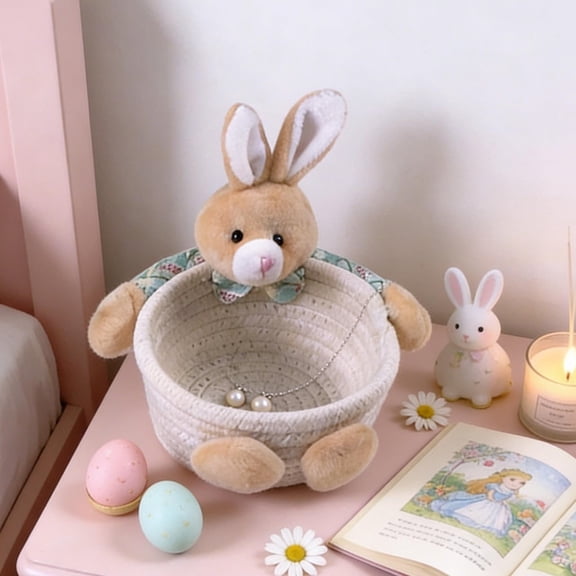 Easter Bunny Woven Storage Basket Set, Handmade Cotton Rope Organizer With Doll Decor, 3 Piece Nested Bins For Jewelry Candy Desk Storage, Holiday Table Centerpiece And Home Office Decoration