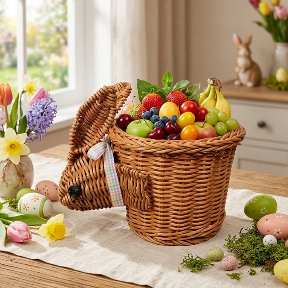 Easter Bunny Woven Storage Basket Snack Fruit Organizer Bin for Home Kitchen Counter Coffee Table Decor Reusable Beige Coffee 1 Pack