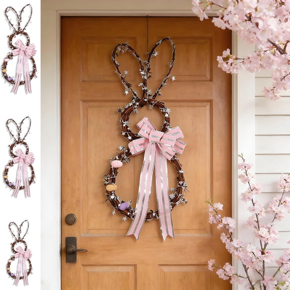 Easter Bunny Wreath 23.6in with Foldable Design for Front Door Window Display Spring Decoration Plastic Wreath with Egg Bow and Bunny Ear Accents