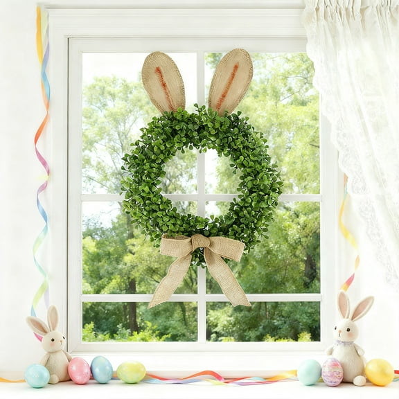 Easter Bunny Wreath, 24 Inch Artificial Boxwood Wreath with Burlap Ears and Bow, Spring Door Decoration for Home, Front Door