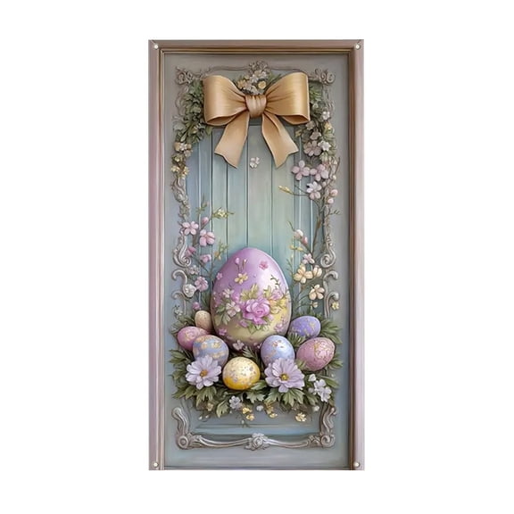 Easter Bunny Wreath Door Cover – Spring Door Hanging Flag for Front Door, Porch, or Wall – 70.87x35.43in Polyester Banner for Easter Home Decoration