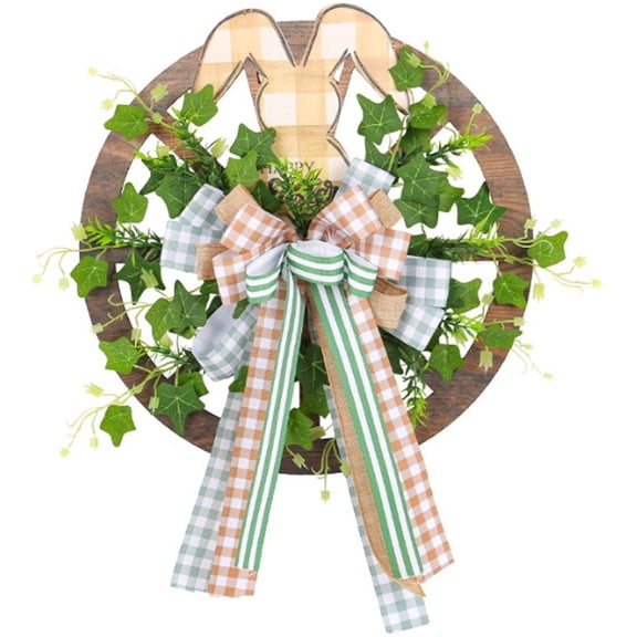 Easter Bunny Wreath For Front Door, Wooden Rabbit Checkered Bow Wreath Easter Decor Spring Easter Door Wreath