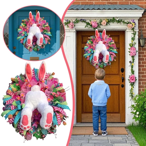 Easter Bunny Wreath for Front Door, 16.5 Inch Rabbit Shape Garland Decor, Funny Cute Bunny Door Wreath, Artificial Easter Rabbit Butt Wreath, Handmade Easter Decorations 2026 New Upgrade