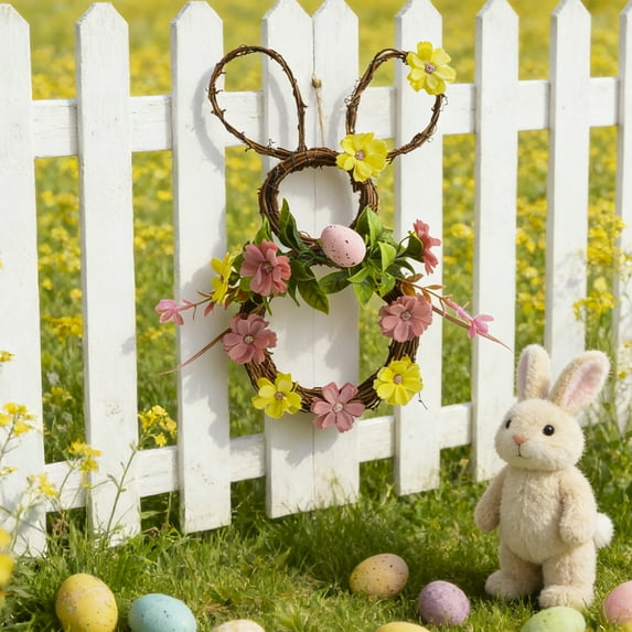 Easter Bunny Wreath for Front Door 19.69inch - Reusable Artificial Spring Door Wreath with White Flowers and Linen Bowknot,Rabbit Shaped Garland For Farmhouse Wall Window Indoor Outdoor Decor