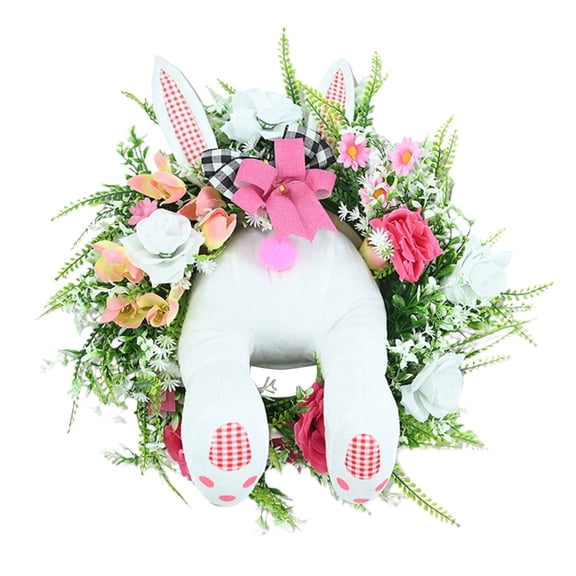 Easter Bunny Wreath for Front Door Decorations, Funny Cute Rabbit Shape Garland with Colorful Eggs, Artificial Easter Wreath with Straw Hat Bow for Wall Door Hanging Decor