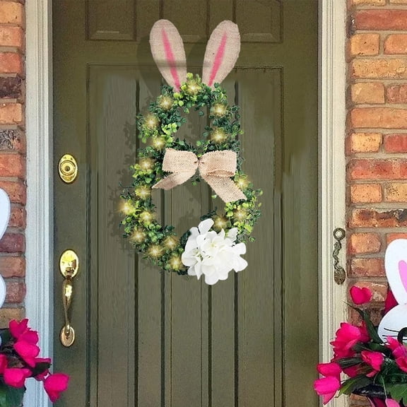 Easter Bunny Wreath, Handicrafts Spring Green Artificial Easter Rabbit Wreath with Bow and Flowers for Spring and Easter Front Door Wall Window Home Decor