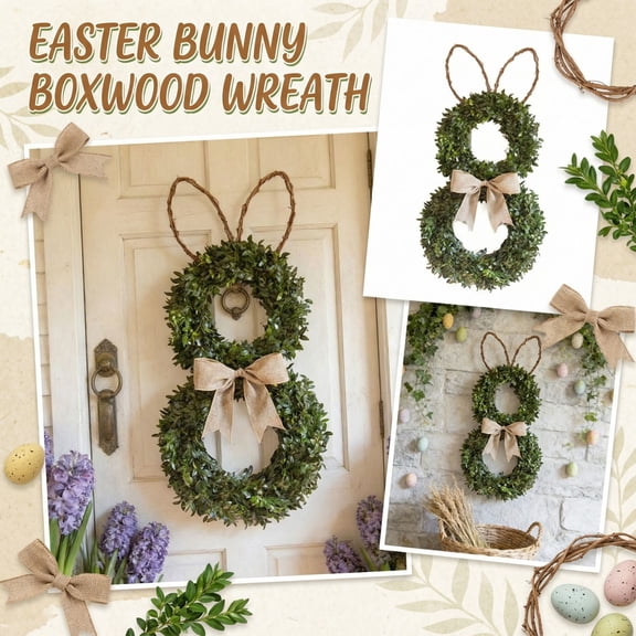 Easter Bunny Wreath Rattan Wreath Spring Decor Front Door Hanger 18" Greenery Bunny Wreath with Rattan Ears and Burlap Bow for Easter Spring Front Door Decoration