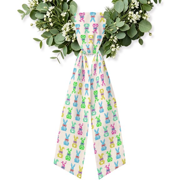 Easter Bunny Wreath Sash for Front Door, Colorful Rabbits Love Heart Vintage Country Wreath Bow Holiday Garland Ribbon Wreath Accessories for Home Yard Porch Doorway Fall Christmas Decorations Gifts