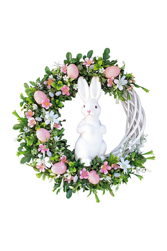 Easter Bunny Wreath Spring Decorations, 15.7 Inch Large Size Easter Wreath Front Door Wall Window Decor, Handmade Rabbit Flower Garland Home Farmhouse Decorations