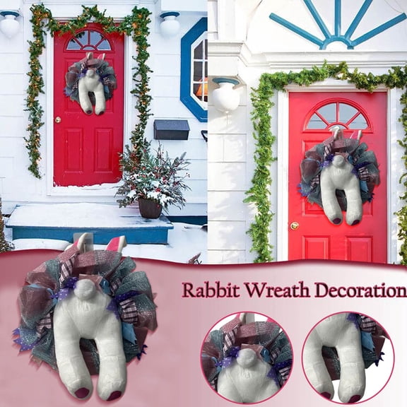 Easter Bunny Wreath, Spring Door Hanging with Whimsical Butt and Ears Design, Indoor Outdoor Decorative Ornament for Front Porch and Party