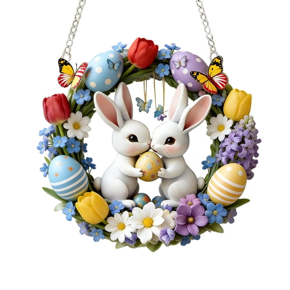 Easter Bunny Wreath With Eggs And Flowers - 20cm Spring Door Decor For Front Door Wall Window Easter Party Decoration