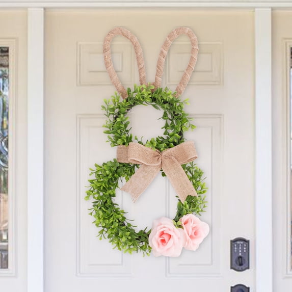 Easter Bunny Wreath for Front Door - 19.6 inch Artificial Boxwood Wreath with Silk Roses & Bow - Spring Home Decor for Wall, Porch, or Mantel