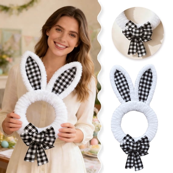 Easter Bunny Wreath with Bow, Seasonal Door Wreath, Floral Handmade Vine Wreath for Front Door Wall Window Home and Party Decor 17.7 in