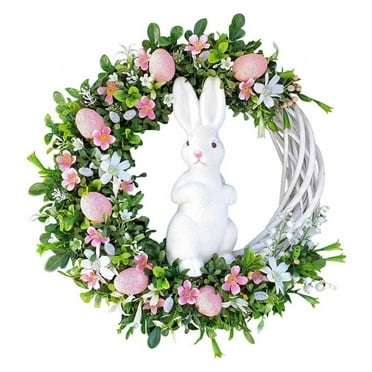 Easter Bunny Wreath with Colorful Eggs, Cute Easter Wreath for Front Door , Fake Leaves Flowers Wreaths for Spring Home Wall Hanging Decor