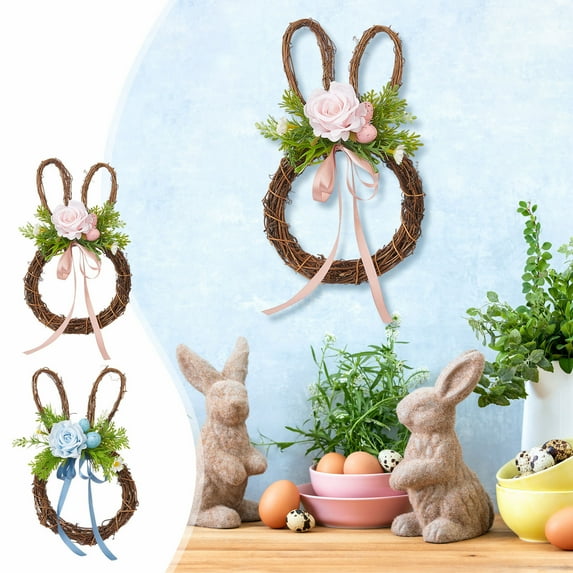 Easter Bunny Wreaths for Front Door 15.75inch,Easter Decorations for Home,Spring Artificial Door Wreath With Peony Flowers,Egges,Bow For Farmhouse Wall Window Indoor Outdoor Holiday Decor