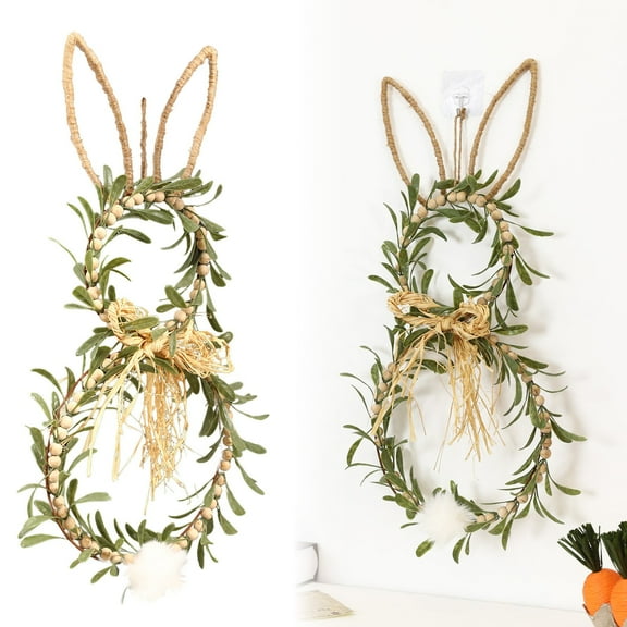 Easter Bunny Wreaths for Front Door, Outside Spring Rabbit Door Hanger Wreath Artificial Farmhouse Rustic Rattan Wreath Outdoor Ornament Party Stuff Table Office Rustic Decor