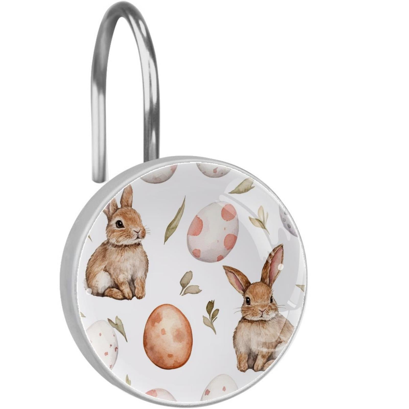 Easter Bunny and Eggs Shower Curtain Hooks Round Crystal Glass, Set of 12 Shower Curtain Rings - Shower Hooks for Curtain Shower Rings