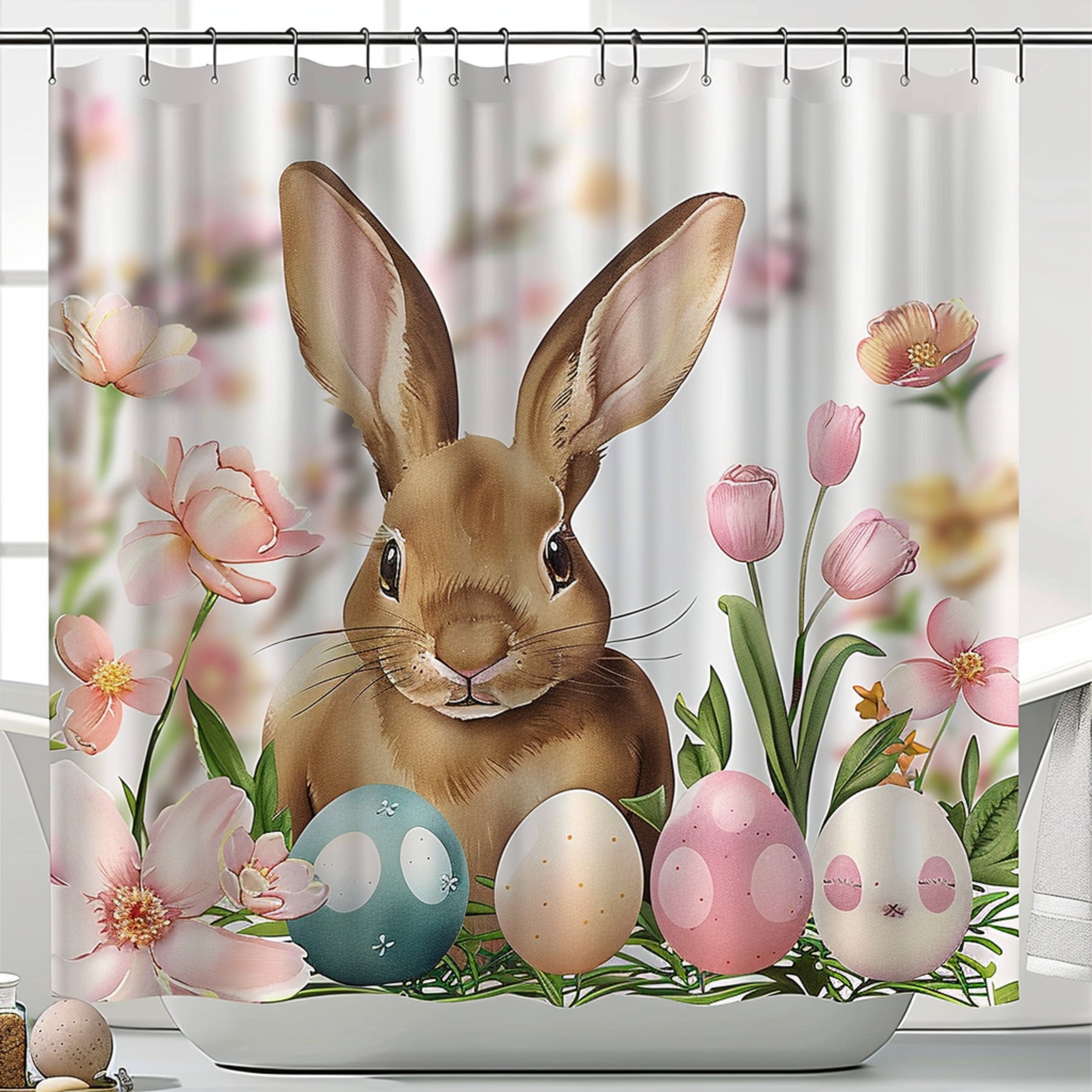 Easter Bunny and Eggs Shower Curtain Spring Floral Bathroom Decor with