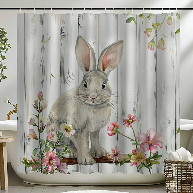 Easter Bunny and Flowers Grey Wood Grain Shower Curtain White Wooden