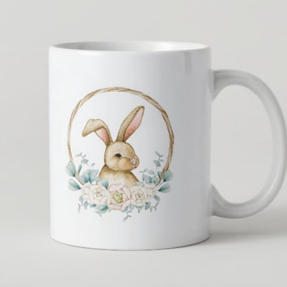 Easter Bunny and Spring Flowers White Coffee Mug, Easter mug, oz coffee mug.