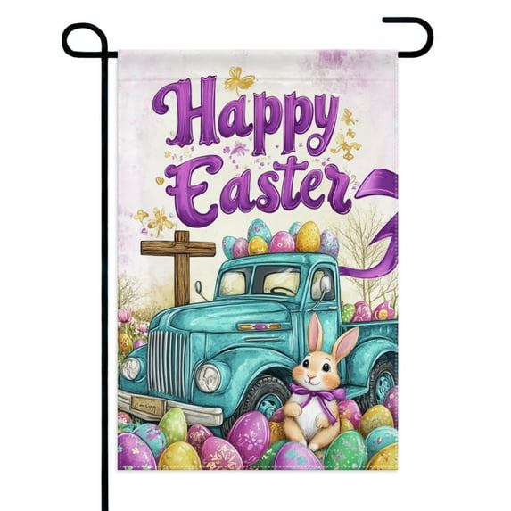 Easter Bunny and Truck Garden Flags 12×18 Inch Double Sided Decorative Yard Banner Seasonal Flag for Outdoor Outside Decor