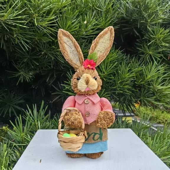 Easter Bunny decorations, 14 in, Natural Straw, Woven Basket, Dyed Eggs, Pink Floral Accent, Garden Display, Front Porch, 1 Pc (162 Chars)