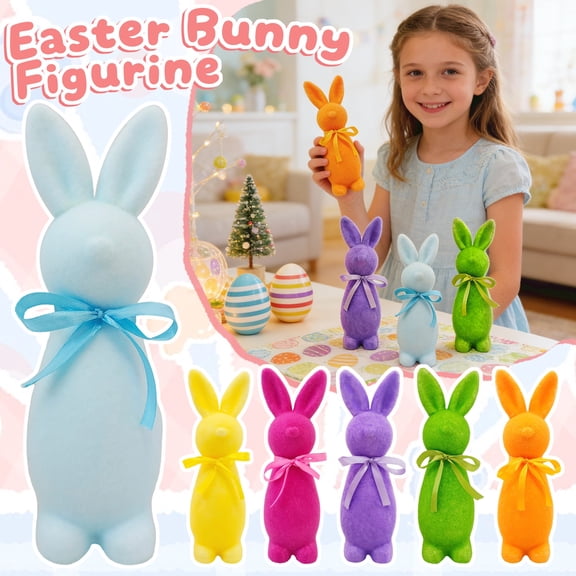 Easter Bunny easter decor Flocked Bunny Figurine Decorative Plush Standing Rabbit Ornament with Bow for Home Holiday Party Display for home