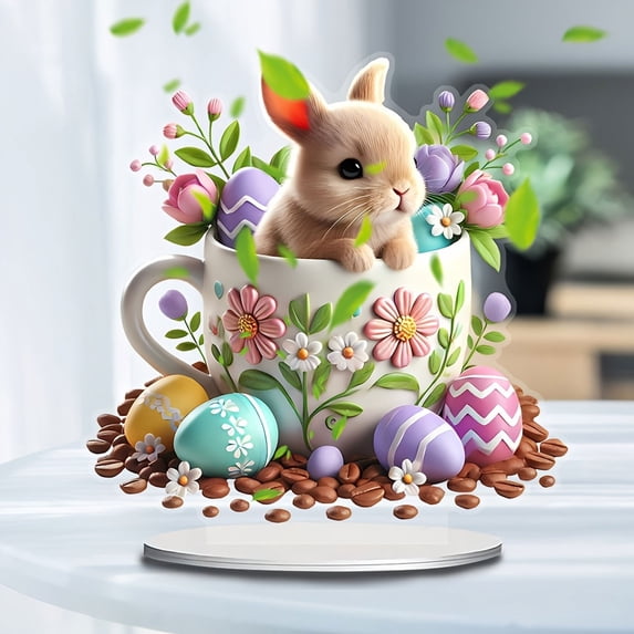 Easter Bunny in Floral Cup 2D Tabletop Decor - 20cm Spring Home Accent for Living Room & Bedroom, Festive Eggs & Coffee Beans Ornament