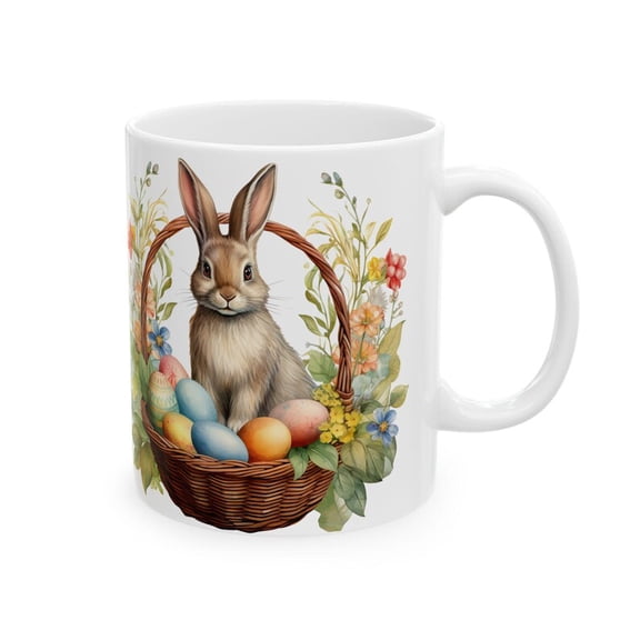 Easter Bunny with Basket of Eggs Mug Spring Floral Ceramic Mug