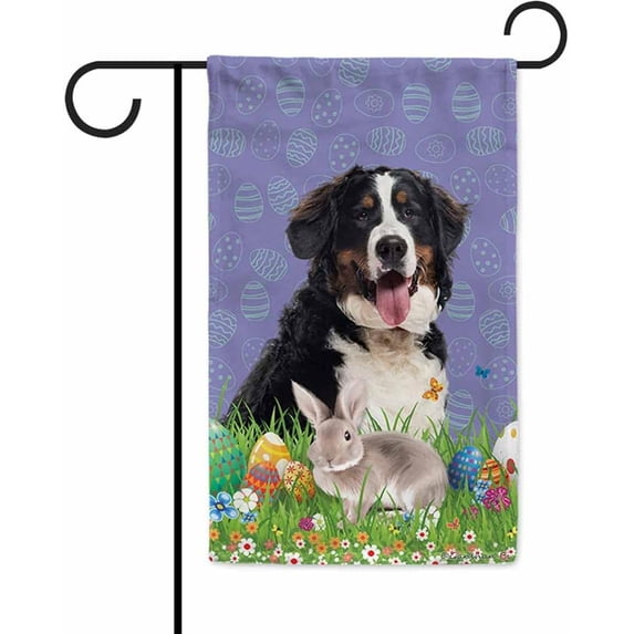 Easter Bunny with Dog Bernese Mountain Garden Flag Colorful Eggs Spring Flowers Holiday Outdoor Home Decor Banner 12.5 X 18 Inch