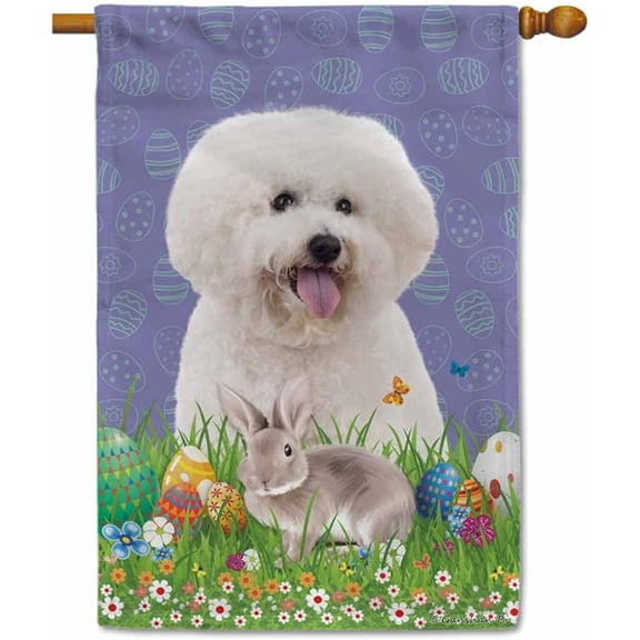 Easter Bunny with Dog Bichon Frise House Flag Colorful Eggs Spring Flowers Holiday Outdoor Home Yard Decoration Banner 28 x 40 Inch
