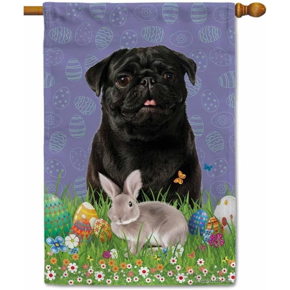 Easter Bunny with Dog Black Pug House Flag Colorful Eggs Spring Flowers Holiday Outdoor Home Yard Decoration Banner 28 x 40 Inch