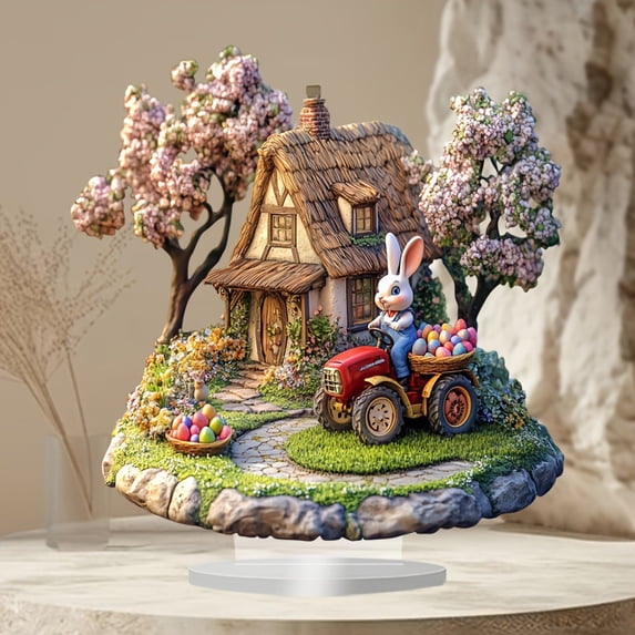 Easter BunnyEggs Decorations RabbitDriver with EggsCar Outdoor Decorations with Farmhouse for Porch,Spring Easter Centerpieces 2D Flat Acrylic BunnyEgg Table Ornament for Easter Party,Birthday Gifts