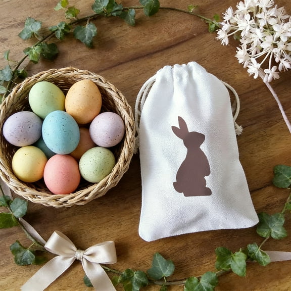 Easter Burlap Bag Cute Bunny Drawstring Gift Bag with Fluffy Tail Colorful Rabbit Linen Pouches Sacks with Ribbon Party Favor Bag for Birthday Treats Goodie 5.9x3.94in
