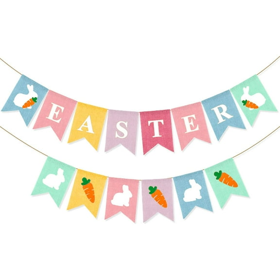 Easter Burlap Banner Easter Bunny Carrot Banner Colorful Easter Decorations Burlap Hanging Bunting Garland for Spring Themed Party Favors Supplies, Happy Easter Day Home Decor for Mantle Fireplace