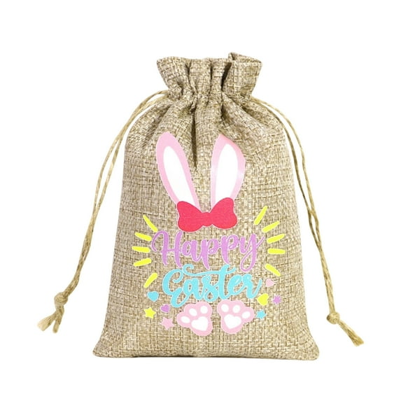 Easter Burlap Drawstring Bag Easter Burlap Bags with Drawstrings Bunny Linen Goody Gift Bags Holiday Party Supplies (A)