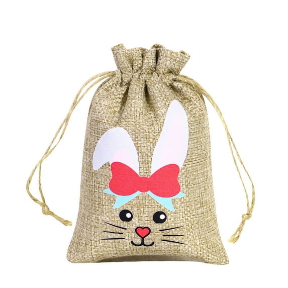 Easter Burlap Drawstring Bag Easter Burlap Bags with Drawstrings Bunny Linen Goody Gift Bags Holiday Party Supplies (B)