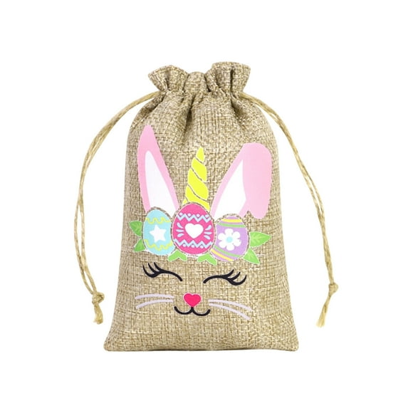 Easter Burlap Drawstring Bag Easter Burlap Bags with Drawstrings Bunny Linen Goody Gift Bags Holiday Party Supplies (J)