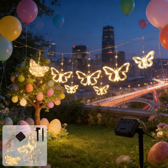 Easter Butterflies String Lights Solar Powered Garden Decorative Lights for Outdoor Patio Yard Spring Party Ambiance