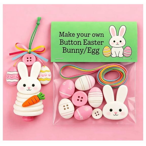 Easter Button Ornament DIY Button Pendants Craft Kit Rabbit/Easter Egg/Carrot Hanging Ornament Festival Decor Making Set for Home Wall Door Decor (Bunny)