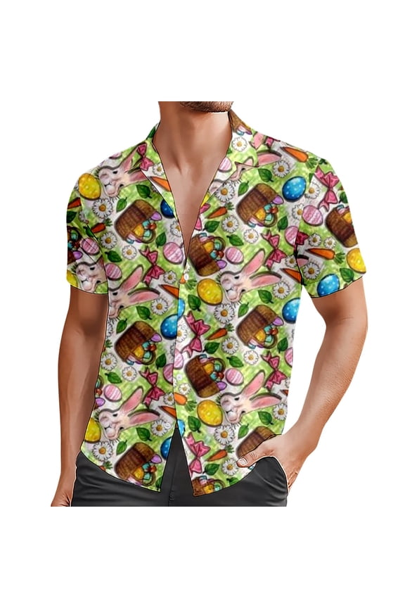 Easter Button Up Shirt for Men Short Sleeve Button Down Tops Fun Printed Lapel Spring Tees