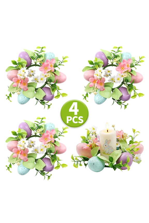 Easter Candle Rings Holder Small Easter Wreaths Spring Egg and Pastel Pip Berry Candle Rings Table Centerpiece for Easter Holiday Party Supplies 4Pack Design 2