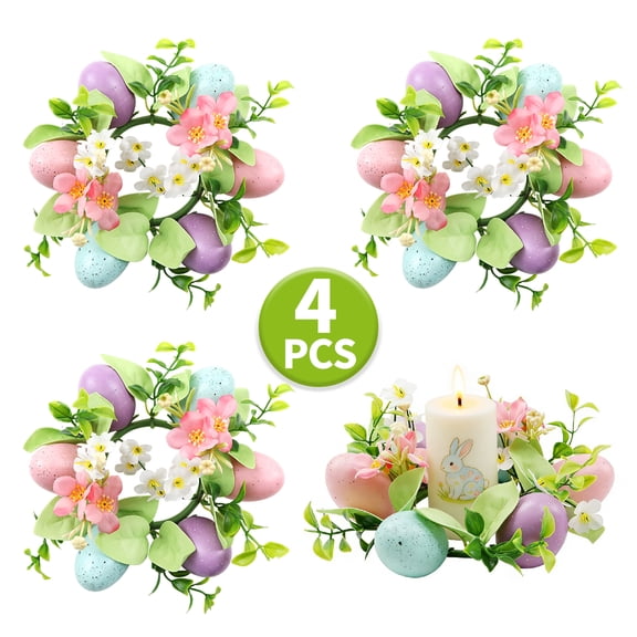 Easter Candle Rings Holder Small Easter Wreaths Spring Egg and Pastel Pip Berry Candle Rings Table Centerpiece for Easter Holiday Party Supplies 4Pack Design 2