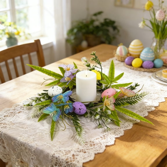Easter Candle Wreath Holder | Spring Table Centerpiece Decoration with Floral & Egg Design | Plastic Multicolor Wreath for Mantel or Wall
