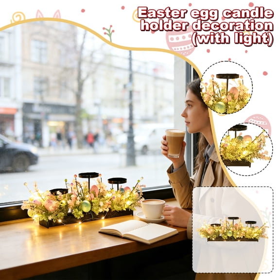 Easter Candlestick Ornament with String Lights, Greenery and Eggs, 12 Inch Table Centerpiece for Spring Dinner Parties, Easter Sunday Brunch or Holiday Entertaining Decor